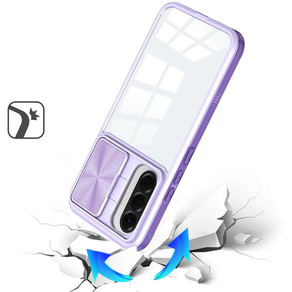Phone Case for Samsung Galaxy A27 Clear Transparent Back with Sliding Camera Hybrid Shockproof Slim Protective Durable Colorful Frame Cover Purple