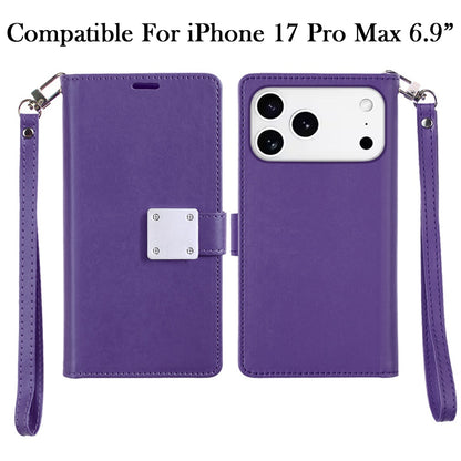For Apple iPhone 17 Pro Max (6.9") Wallet Cases PU Leather with Credit Card /ID /Cash Holder Slot Dual Flip Book Pouch, Stand and Strap Case Cover