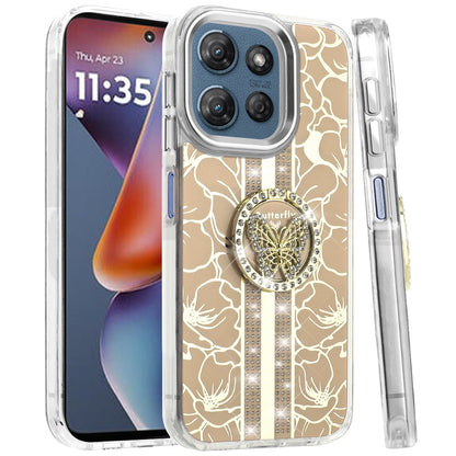 Phone Case for Motorola Moto G Play 5G 2026 Floral Butterfly Ring Stand Glitter Bling Shockproof Hybrid Luxury Fashion Protective Anti Slip Durable Grip Cover