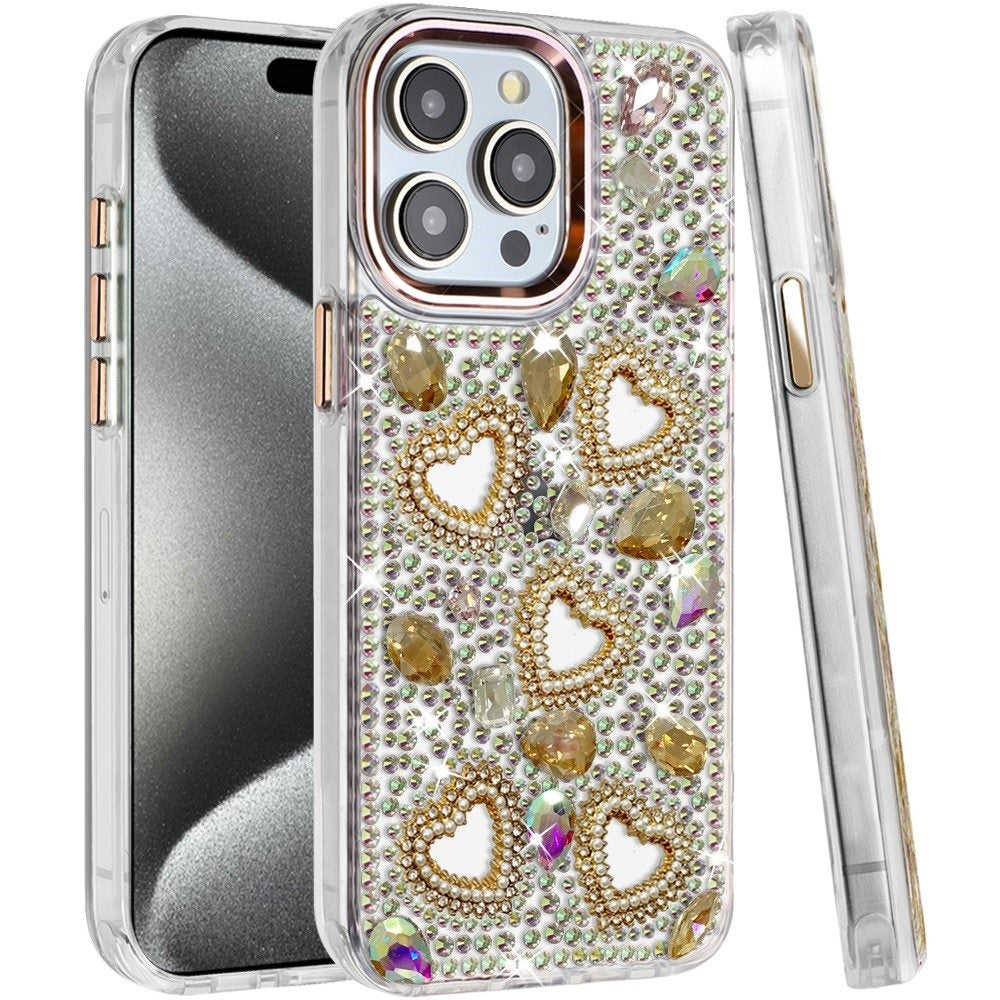 Phone Case for iPhone 15 Pro (6.1") Luxury Crystal Heart Rhinestone Diamond Bling Shockproof Hybrid Glitter Protective Stylish Durable Grip Cover