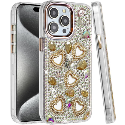 Phone Case for iPhone 15 Pro (6.1") Luxury Crystal Heart Rhinestone Diamond Bling Shockproof Hybrid Glitter Protective Stylish Durable Grip Cover