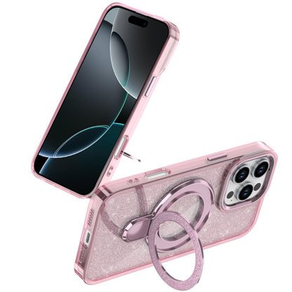 For iPhone 16 Pro Max (6.9") Transparent Glitter Bling Case with Rotating Magnetic Ring Stand, Shockproof Hybrid Protector Cosmic Orange
