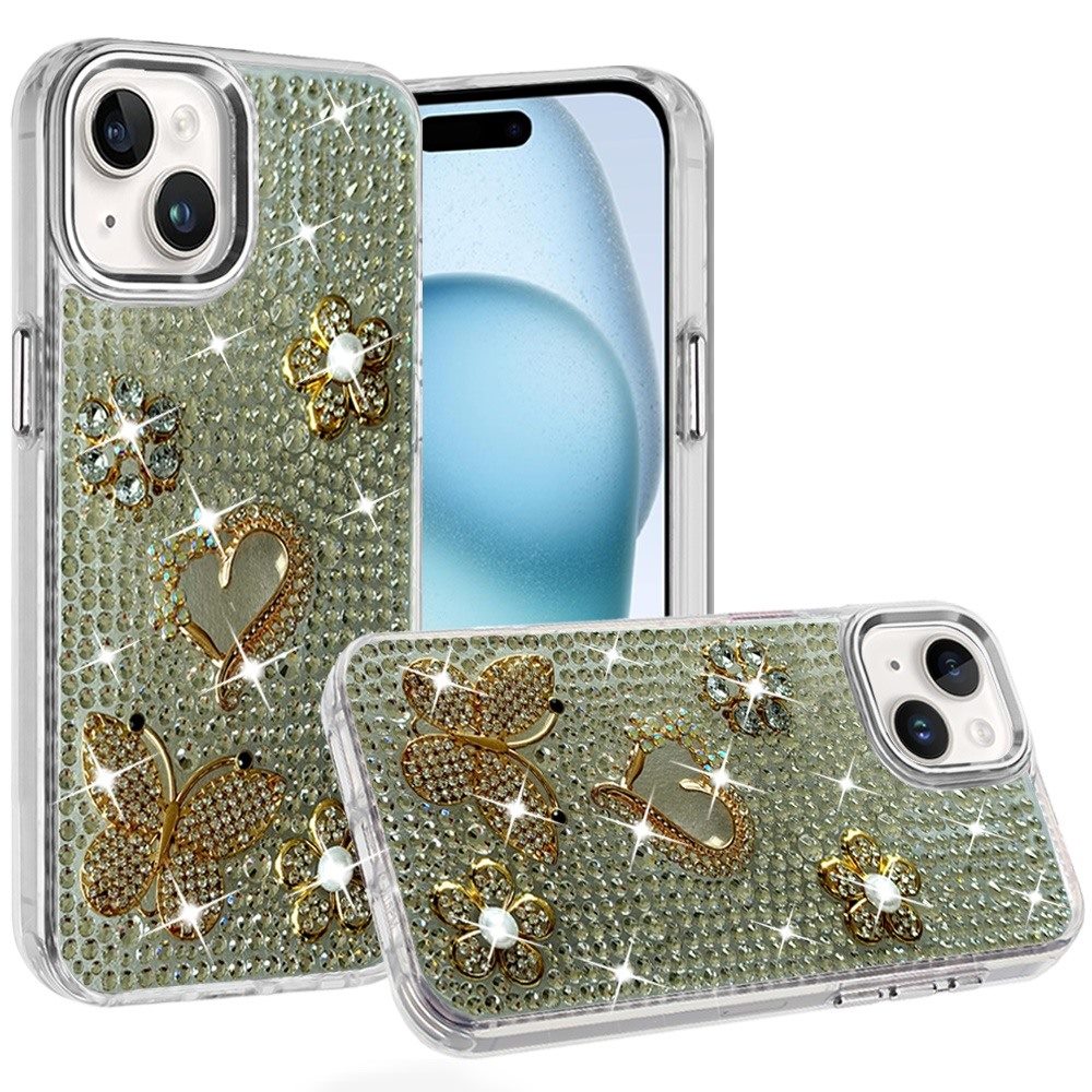 Phone Case for Apple iPhone 15 Luxury Crystal Butterfly Floral Jeweled Heart Full Diamond Design, Sparkling Decorative Details, Elegant Style Cover Silver