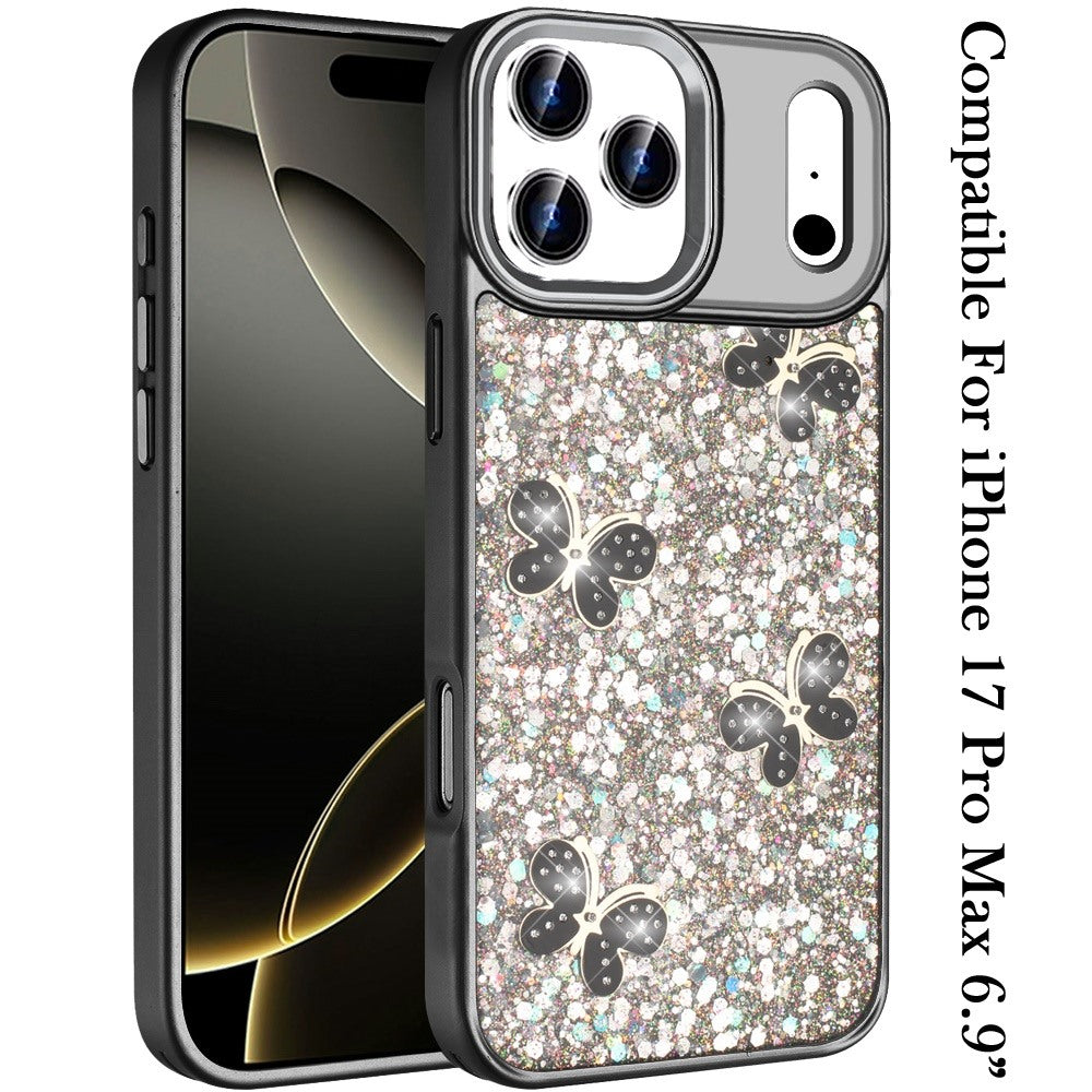 For Apple iPhone 17 Pro Max (6.9") Cute Butterfly Crystal Diamond Glitter Case Sparkle Bling Frame Metallic Edges, Shimmer TPU Hybrid Case Cover