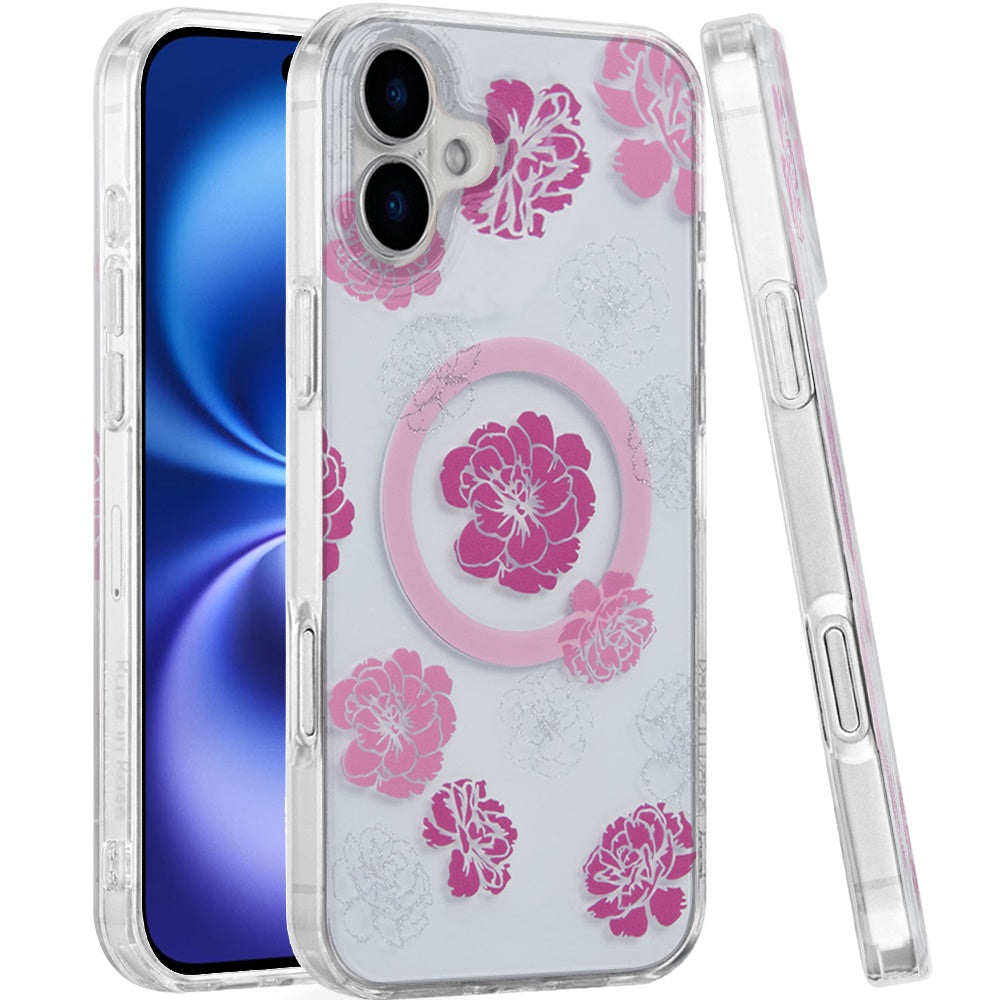 For Apple iPhone 17 Pro Stylish Pattern Fashion IMD Printed Design TPU Double Layer Slim Shockproof with Magnetic Back Case Cover Hot Pink Flower