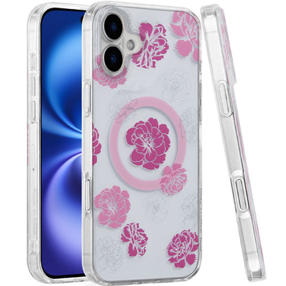For Apple iPhone 17 Pro Stylish Pattern Fashion IMD Printed Design TPU Double Layer Slim Shockproof with Magnetic Back Case Cover Hot Pink Flower