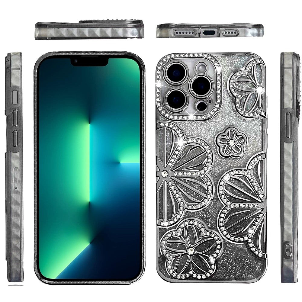 For Apple iPhone 13 Pro Max Luxury Flower Design Sparkle Glitter Diamond Rhinestone Shimmer Bling Plating Thick TPU Hard PC Case Cover