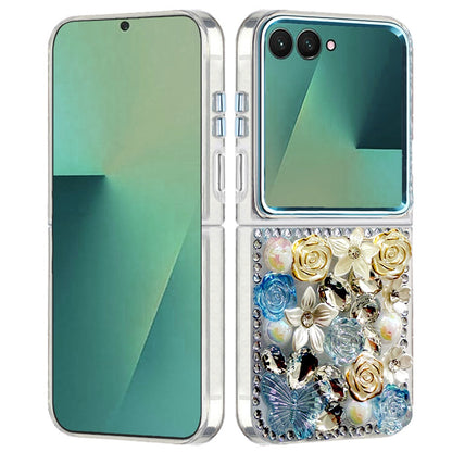 For Samsung Galaxy Z Flip 7 3D Diamond Floral Roses Flower Bling Stone Hybrid, Sparkly Rhinestone Gemstone Back Shockproof Case Cover