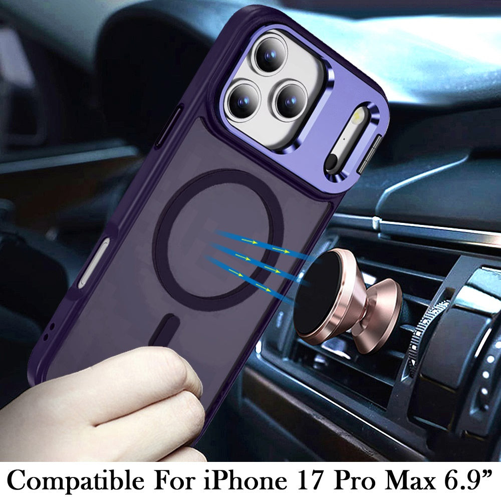For Apple iPhone 17 Pro Max (6.9") Heavy Duty Metallic Hybrid Tough TPU with Camera Ring Stand, MagSafe Compatible, Rugged Drop Protection Case Cover Dark Purple