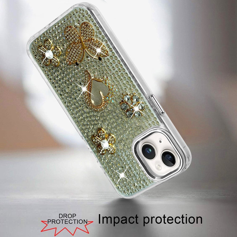 Phone Case for Apple iPhone 15 Luxury Crystal Butterfly Floral Jeweled Heart Full Diamond Design, Sparkling Decorative Details, Elegant Style Cover Silver