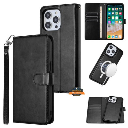 For Apple iPhone 16 (6.1") Deattachable PU Leather Hybrid Wallet Money Credit Card Holder Support Magsafe Charger Case Cover Black