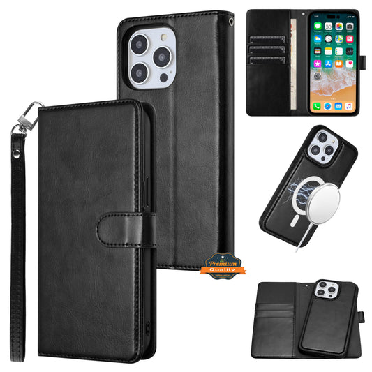 For Apple iPhone 16 (6.1") Deattachable PU Leather Hybrid Wallet Money Credit Card Holder Support Magsafe Charger Case Cover Black