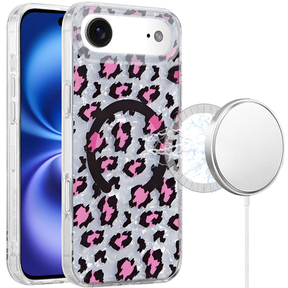 For Apple iPhone 17 Pro Max Stylish Pattern Fashion IMD Printed Design TPU Double Layer Slim Shockproof with Magnetic Back Case Cover Pink Leopard Skin