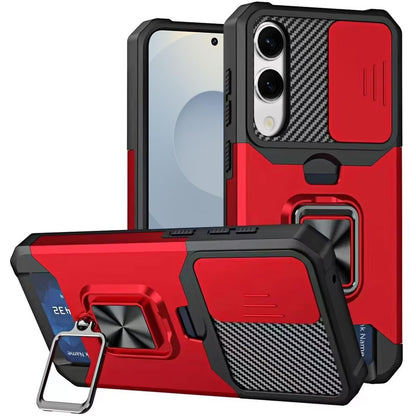 For Samsung Galaxy S25 EDGE Wallet Case with Ring Stand & Slide Camera Cover Back Credit Card Slot Holder, Military Grade Case Cover