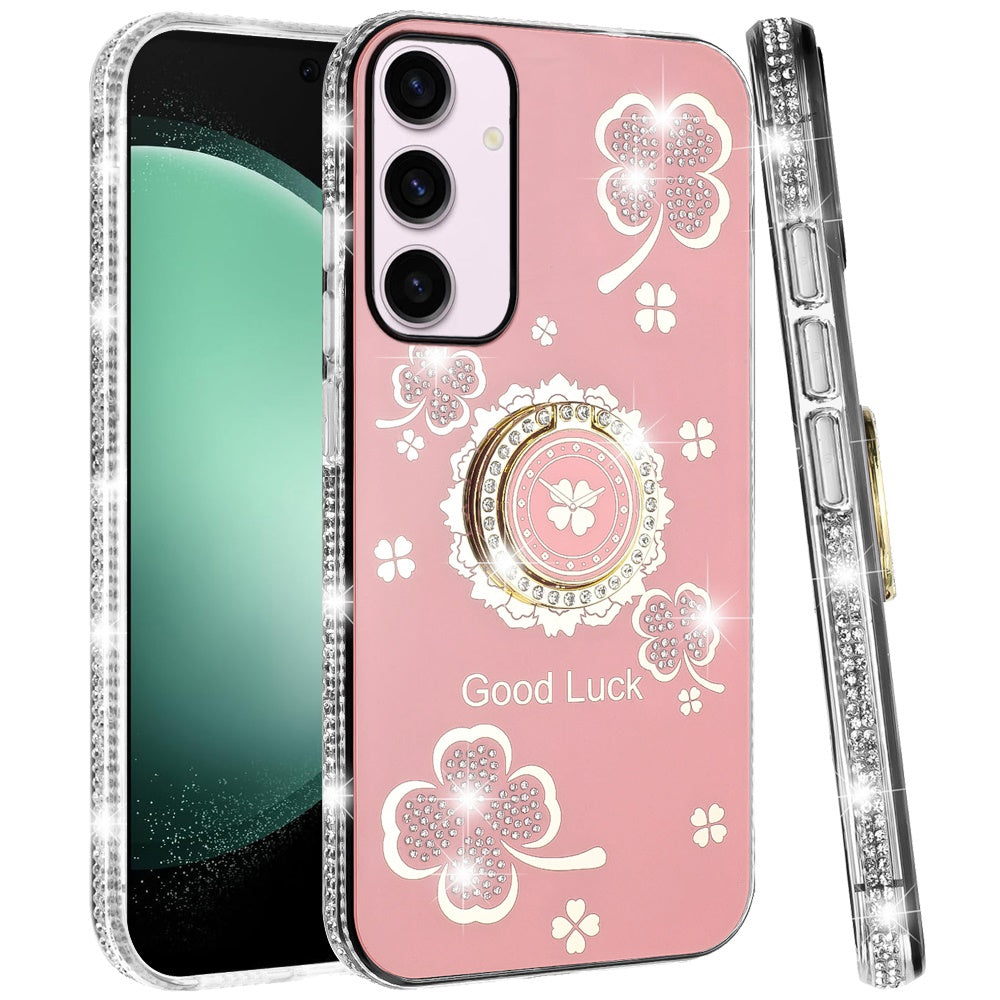 For Samsung Galaxy S23 Ultra Diamonds Bling All Around Edges Sparkly Glitter Hybrid Ring Stand Holder Fashion Good Luck Case Cover