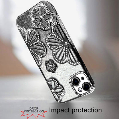 For iPhone 14/13 (6.1") Luxury Flower Design Sparkle Glitter Diamond Rhinestone Shimmer Bling Plating Thick TPU Hard PC Case Cover