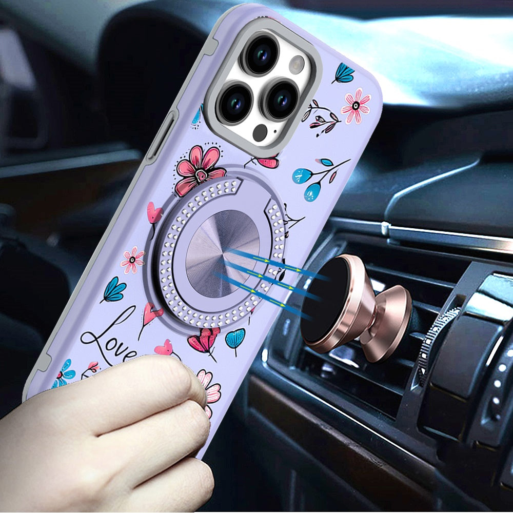 For Apple iPhone 16e Pattern Design Hybrid with Invisible Ring Stand & Magnetic Back, Shockproof Protective Grip Case Cover Love Flower