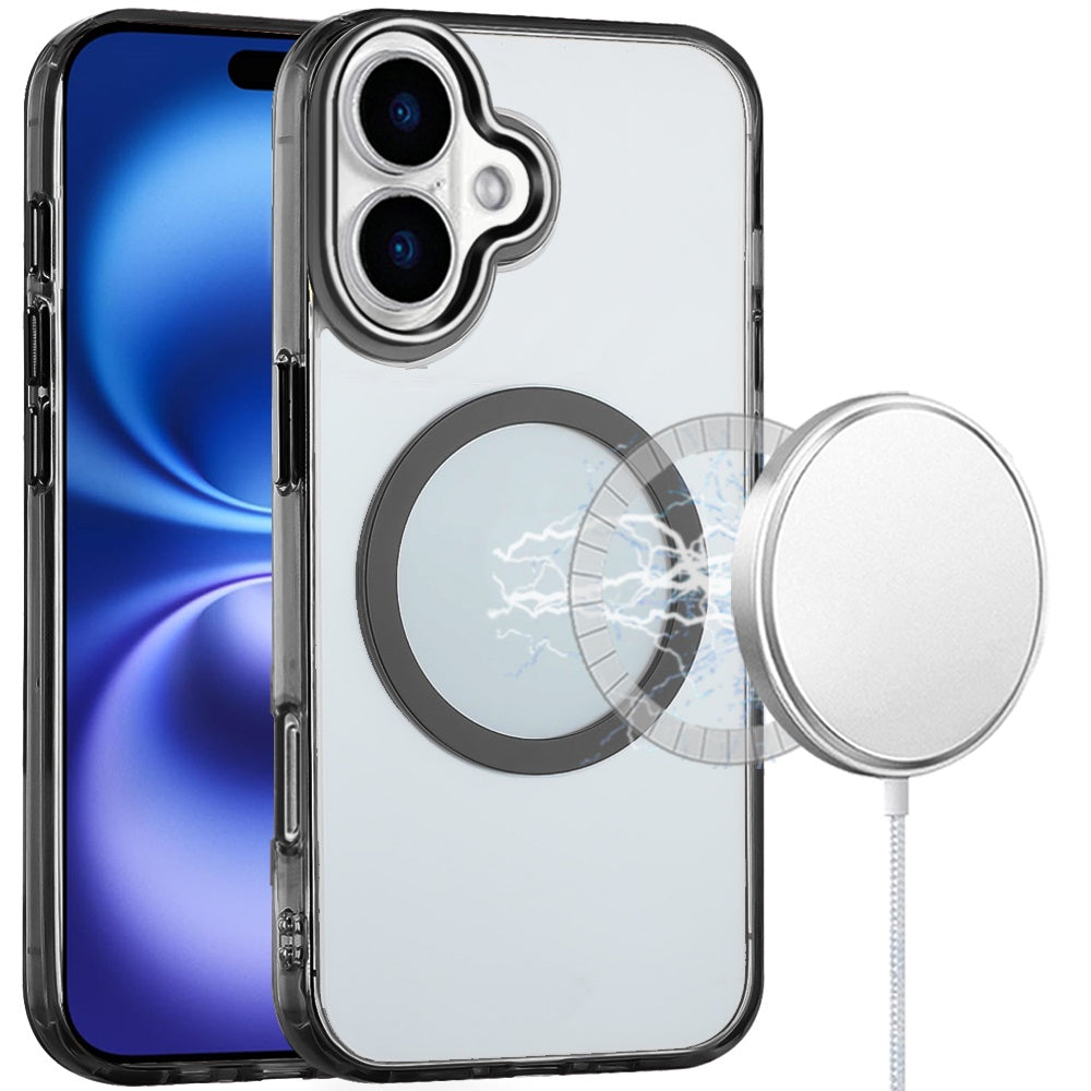For Apple iPhone 17 (6.3") Transparent Back Hybrid Case - Magnetic Circle, Color Frame, Metal Buttons, MagSafe Compatible Case Cover