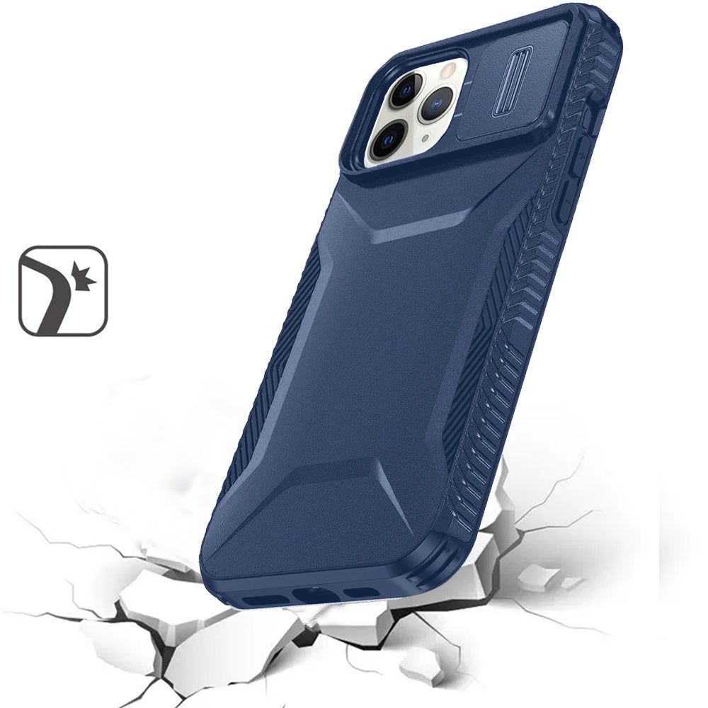 For Apple iPhone 11 Pro Max Slim Fit Shockproof Hybrid with Slide Camera Window Covering, Rugged Tpu Silicone Hard PC Bumper Case Cover Dark Blue