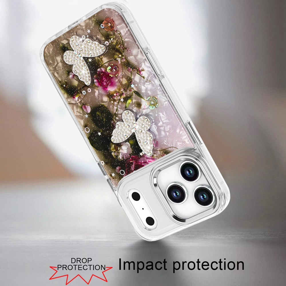 For Apple iPhone 17 Pro (6.3") Epoxy Glitter Flowers Bling 3D Butterfly Fashion TPU Hybrid with Shockproof Protection Case Cover