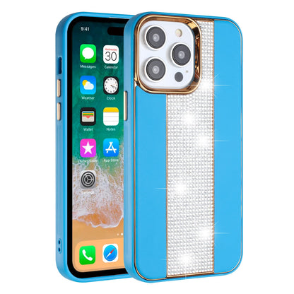 For iPhone 15 Pro (6.1") Flashy Diamond Leather Hybrid Shockproof Protection Chrome Camera Edge Grip Slim Durable Case Cover Dark Purple