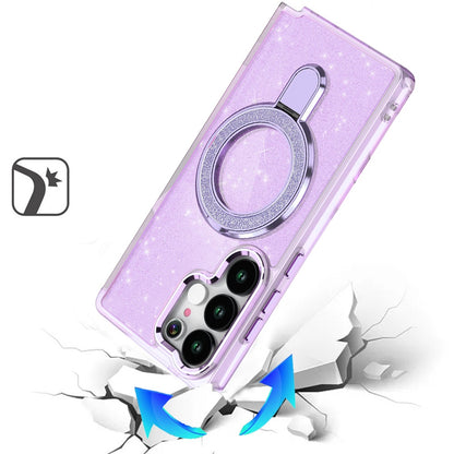 For Samsung Galaxy S26 Ultra Transparent Glitter Bling Case with Rotating Magnetic Ring Stand, Shockproof Hybrid Case Cover