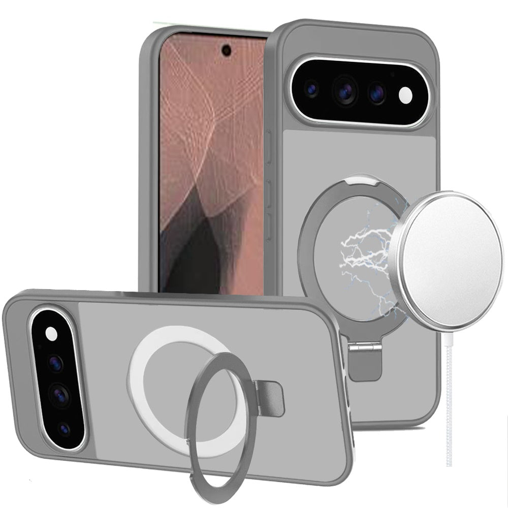 Phone Case for Google Pixel 11 /11 Pro Magnetic Ring Stand Full Rotation Matte Shockproof Grip Anti Slip Durable Camera Protection Hybrid Cover Gray