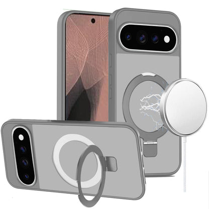 Phone Case for Google Pixel 11 /11 Pro Magnetic Ring Stand Full Rotation Matte Shockproof Grip Anti Slip Durable Camera Protection Hybrid Cover Gray