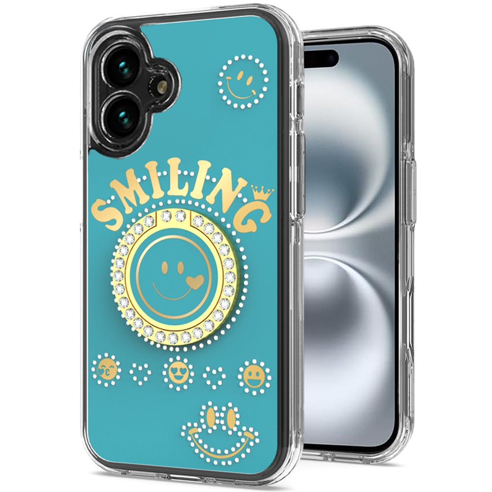 For Apple iPhone 17E /16E Smiling Glitter Bling Ornament Hybrid Shockproof Stylish Sparkle Design Secure Grip Durable Protection Case Cover Blue