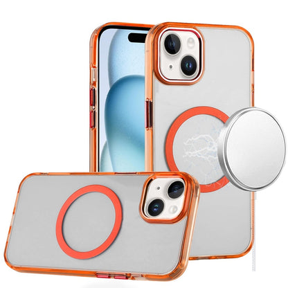 For iPhone 15 Plus (6.7") Transparent Back Hybrid Case - Magnetic Circle, Color Frame, Metal Buttons, MagSafe Compatible Case Cover Cosmic Orange