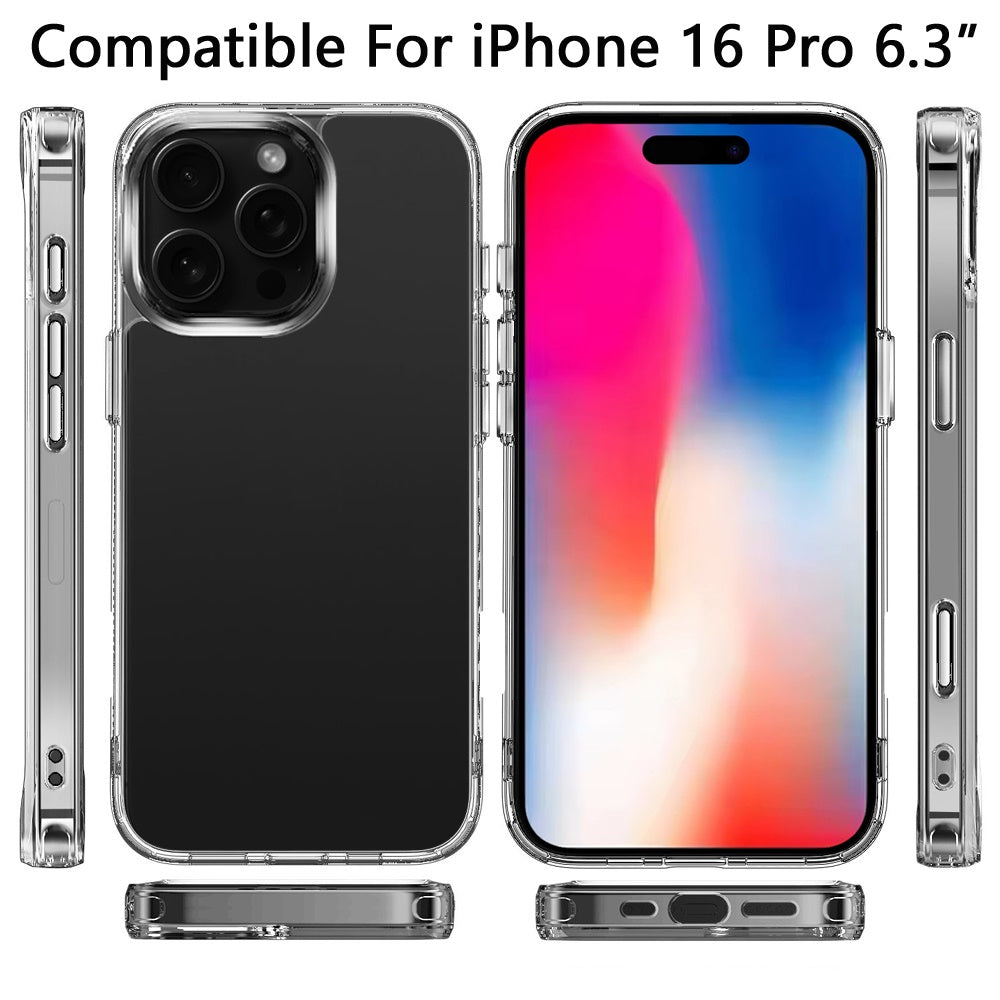For Apple iPhone 16 Pro (6.3") Premium Hybrid HD Crystal Clear Hard PC Back Gummy Thick 2.0mm TPU Frame Slim Fit Case Cover Transparent