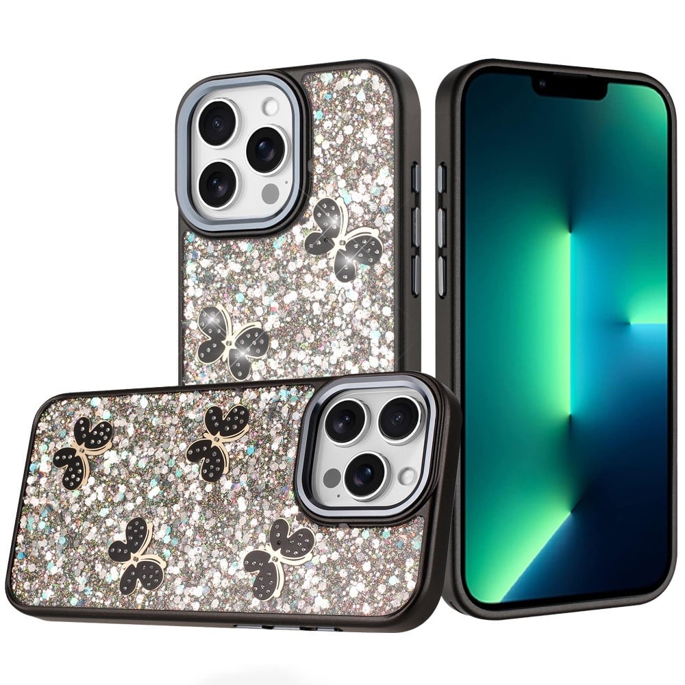 Phone Case for Apple iPhone 13 Pro Max Cute Butterfly Diamond Glitter Metallic Hybrid Shockproof Shimmer Grip Stylish Protective Luxury Designer Cover Black