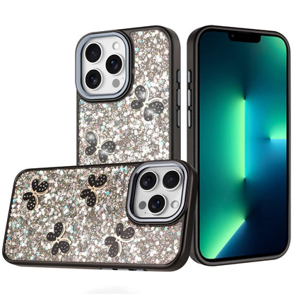 Phone Case for Apple iPhone 13 Pro Max Cute Butterfly Diamond Glitter Metallic Hybrid Shockproof Shimmer Grip Stylish Protective Luxury Designer Cover Black