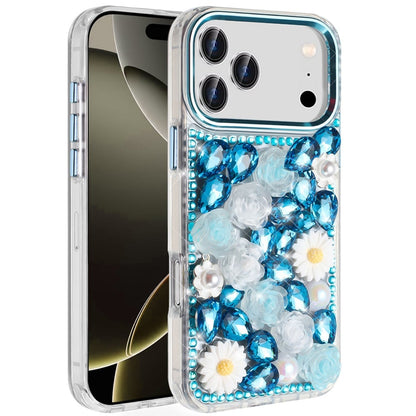 Phone Case for Apple iPhone 17 Pro Max Full Bling Rhinestone Glitter Floral Luxury Hybrid Shockproof Stylish Sparkling Protective Designer Ornament Cover Blue