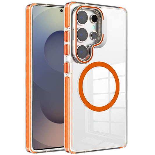 Phone Case for Samsung Galaxy S25 Ultra Magnetic Circle Transparent Tough Hybrid Camera Stand Guard Stand Shockproof Color Edge Rugged Grip Cover Cosmic Orange