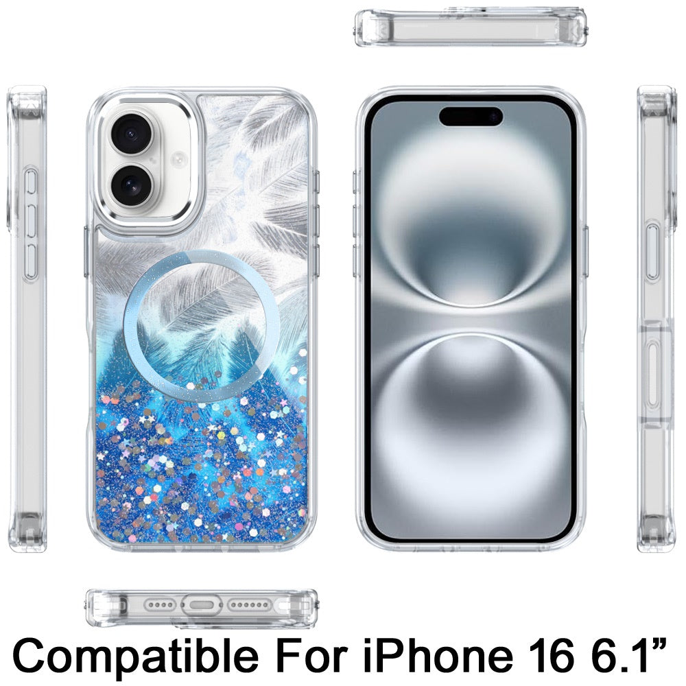 For iPhone 16 (6.1") Epoxy Glitter Shimmer Fashion Case with Magnetic Magsafe Compatible Hybrid Sparkling Slim Protective Case Cover Dark Blue