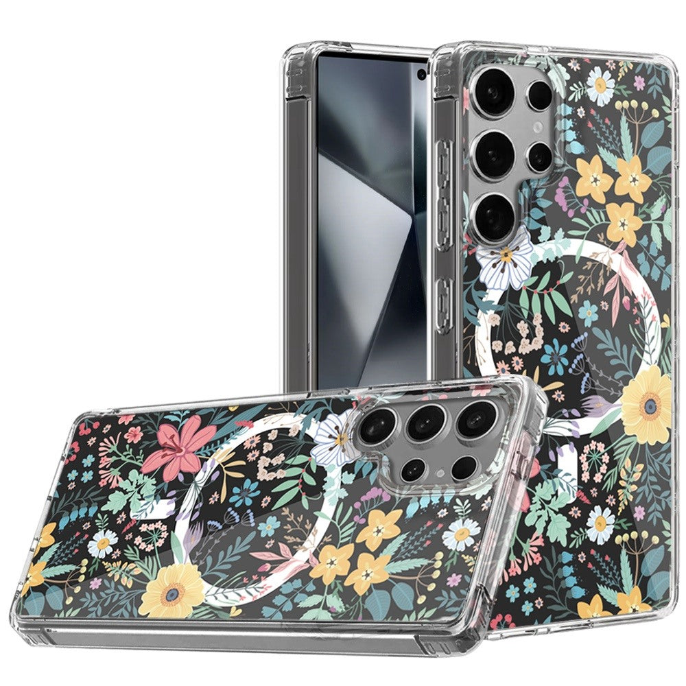For Samsung Galaxy S25 Ultra Hybrid Flower Design Stylish Fashion Case, MagSafe Compatible, Thick Shockproof Hard PC Case Cover