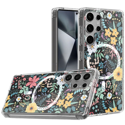For Samsung Galaxy S25 Ultra Hybrid Flower Design Stylish Fashion Case, MagSafe Compatible, Thick Shockproof Hard PC Case Cover