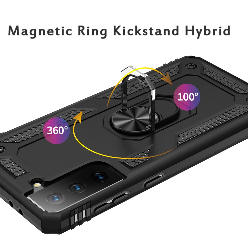 For Samsung Galaxy S22 Ultra Hybrid Shockproof Durable 360 Degree Rotatable Ring Stand Holder Kickstand Fit Magnetic Car Mount Case Cover Black