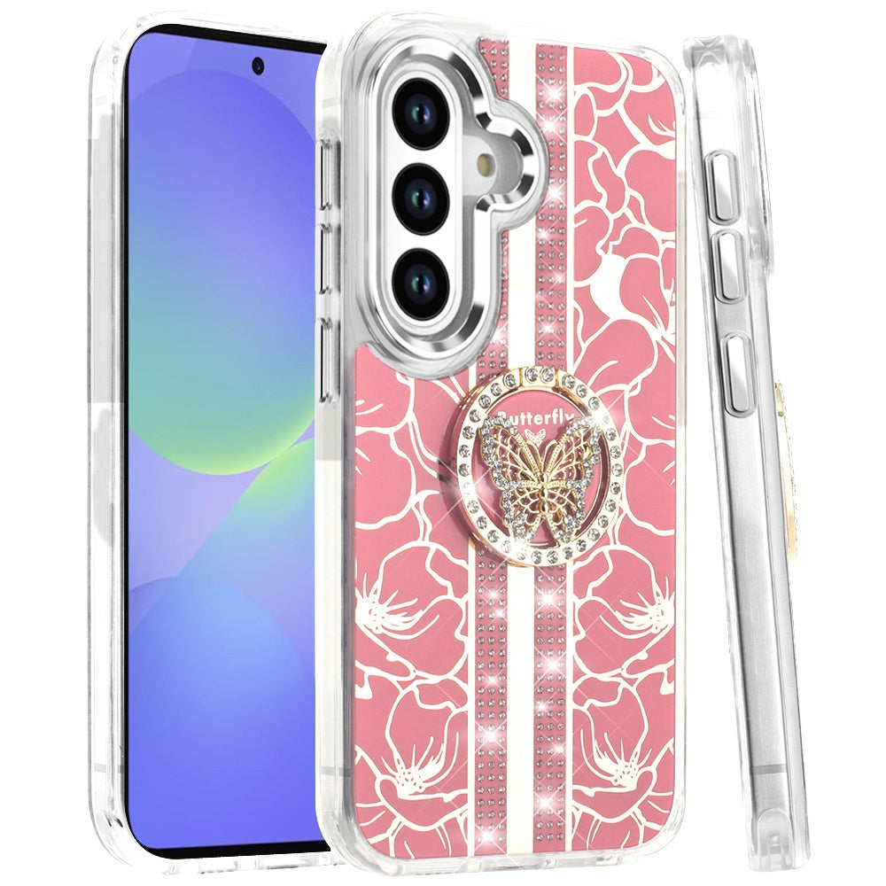 Phone Case for Samsung Galaxy A56 / A36 Floral Butterfly Ring Stand Glitter Bling Shockproof Hybrid Luxury Fashion Protective Anti Slip Durable Grip Cover