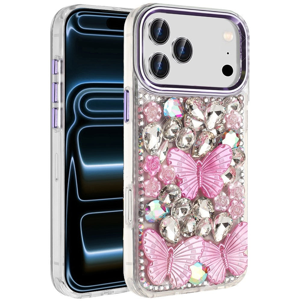 Phone Case for Apple iPhone 18 Pro Luxury 3D Floral Butterfly Bling Rhinestone Glitter Shockproof Stylish Protective Hybrid Designer Metallic Cover