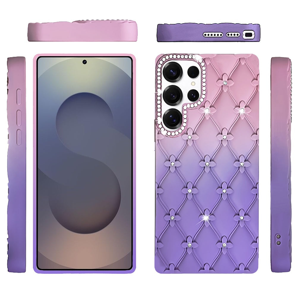 For Samsung Galaxy S25 Ultra Fashion Flower Design Sparkle Glitter Shimmer Rhinestone Bling Floral Accents, Leather Texture TPU Case Cover Light Blue/Light Pink