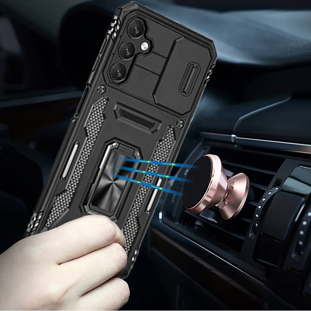 For Samsung Galaxy A15 5G Tough Hybrid Case with Movable Camera Window & Metal Ring Stand Shockproof Case Cover