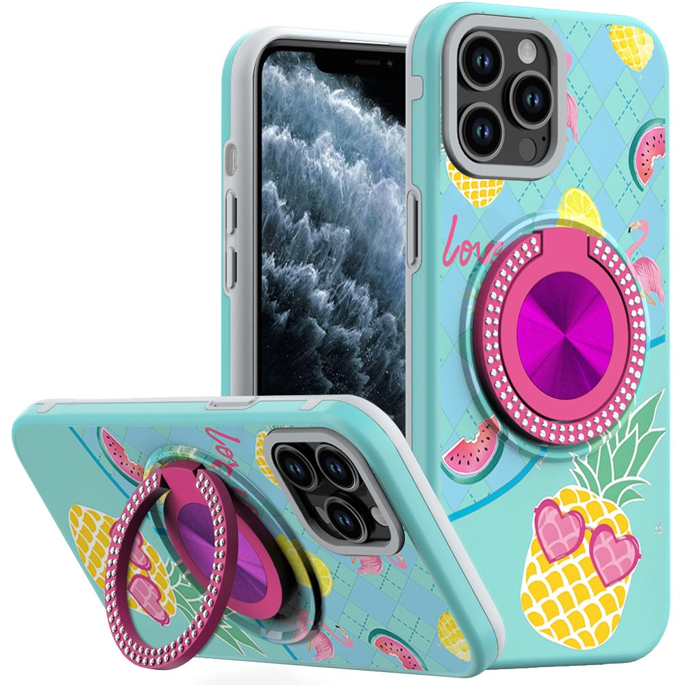 For Apple iPhone 11 Pro Max Pattern Design Hybrid with Invisible Ring Stand & Magnetic Back, Shockproof Protective Grip Case Cover Pineapple