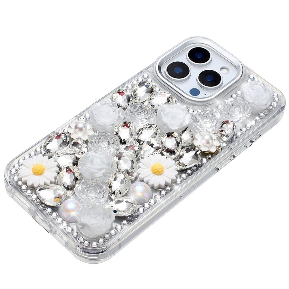 Phone Case for Apple iPhone 13 Pro Max Full Bling Rhinestone Glitter Floral Luxury Hybrid Shockproof Stylish Sparkling Protective Designer Ornament Cover White