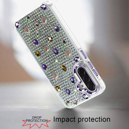 Phone Case for Samsung Galaxy A27 Chrome Fashion Hybrid Bling Diamond Heart Rhinestone Decorative Stones Sparkling Embellished Design Cover Purple