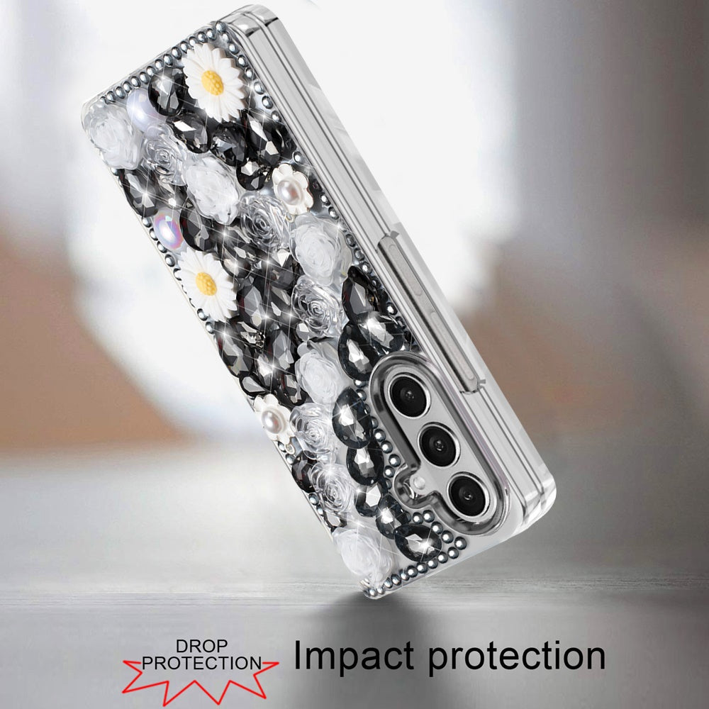 For Samsung Galaxy Z Fold 7 Fashion Daisy Floral Series, Full 3D Bling Crystal Diamonds Sparkling Rhinestone Glitter Hybrid Design Case Cover