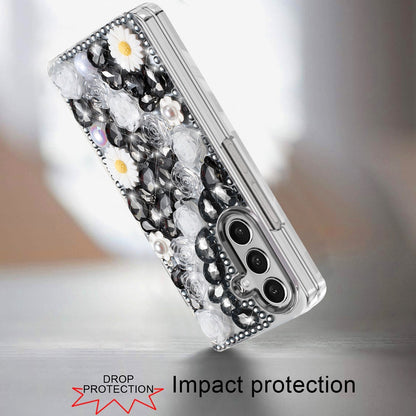 For Samsung Galaxy Z Fold 7 Fashion Daisy Floral Series, Full 3D Bling Crystal Diamonds Sparkling Rhinestone Glitter Hybrid Design Case Cover
