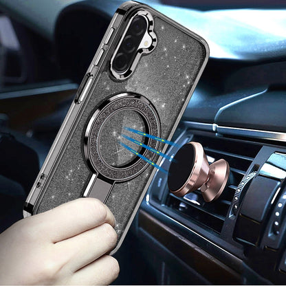 For Samsung Galaxy A17 5G Transparent Glitter Bling Case with Rotating Magnetic Ring Stand, Shockproof Hybrid Case Cover Black