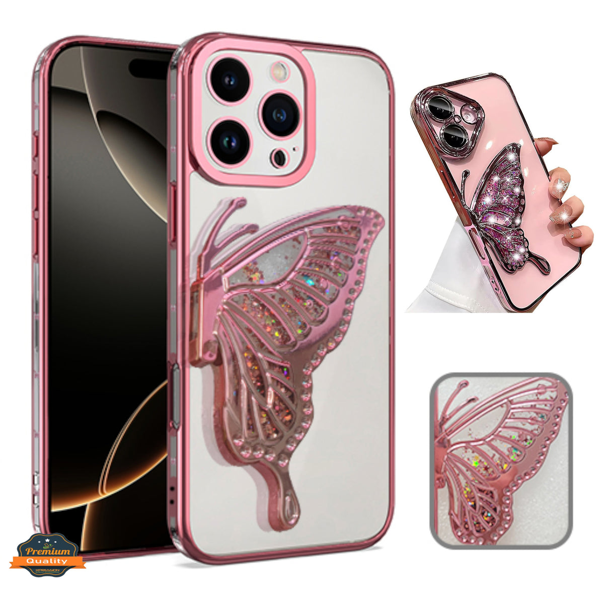 For Samsung Galaxy A16 Glitter 3D Butterfly Bling Case, Chrome Electroplate Sparkle Liquid Flowing Plating Hybrid Bumper Case Cover